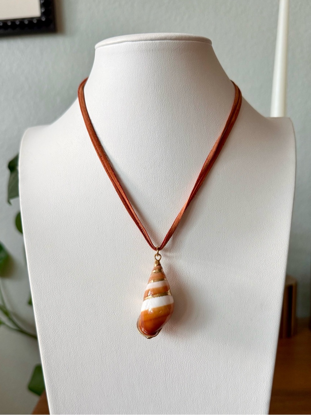 Vintage Orange & White Stripe Spiral Shell Gold Dipped Pendant on Suede Cord.